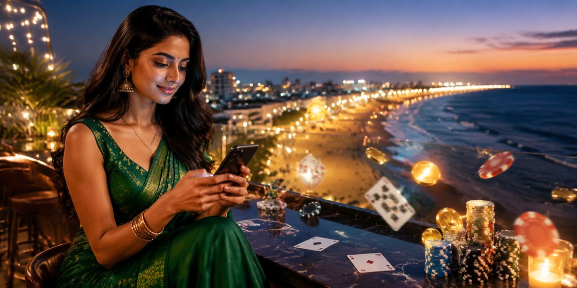 Young Indian woman registering on betting site by the beach
