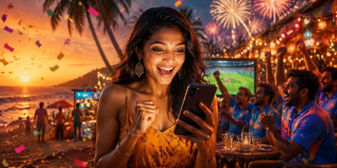 Scenic beach in Goa featuring cricket and betting theme