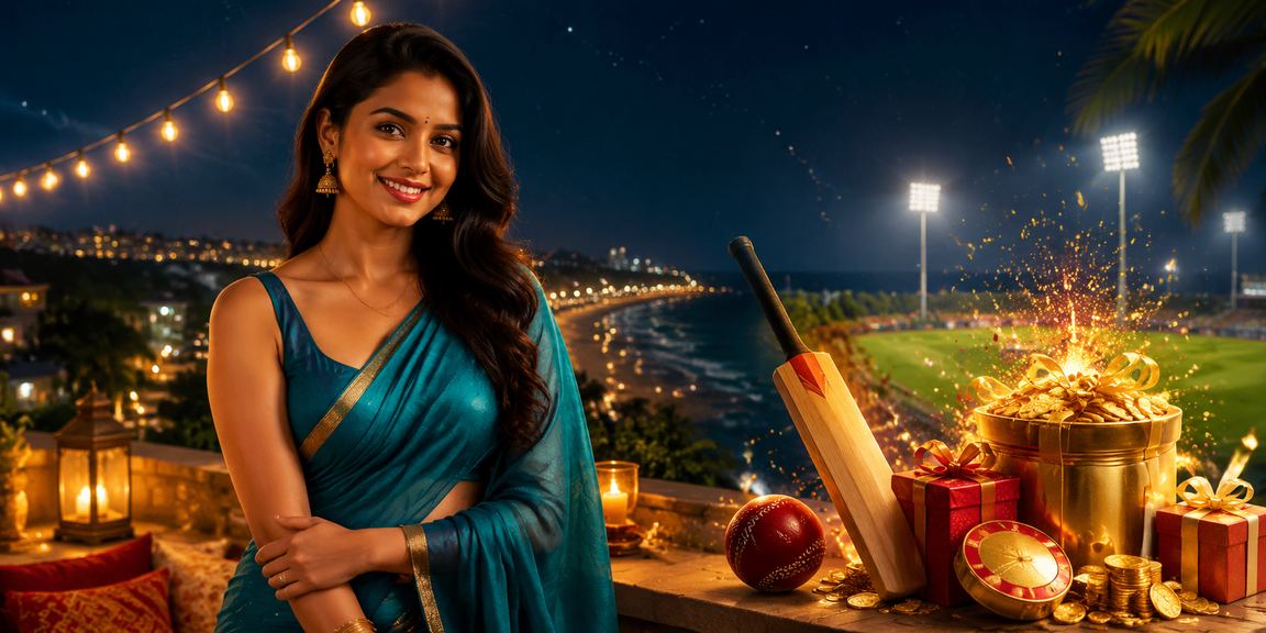 Indian cricket betting with festive ambiance in traditional saree