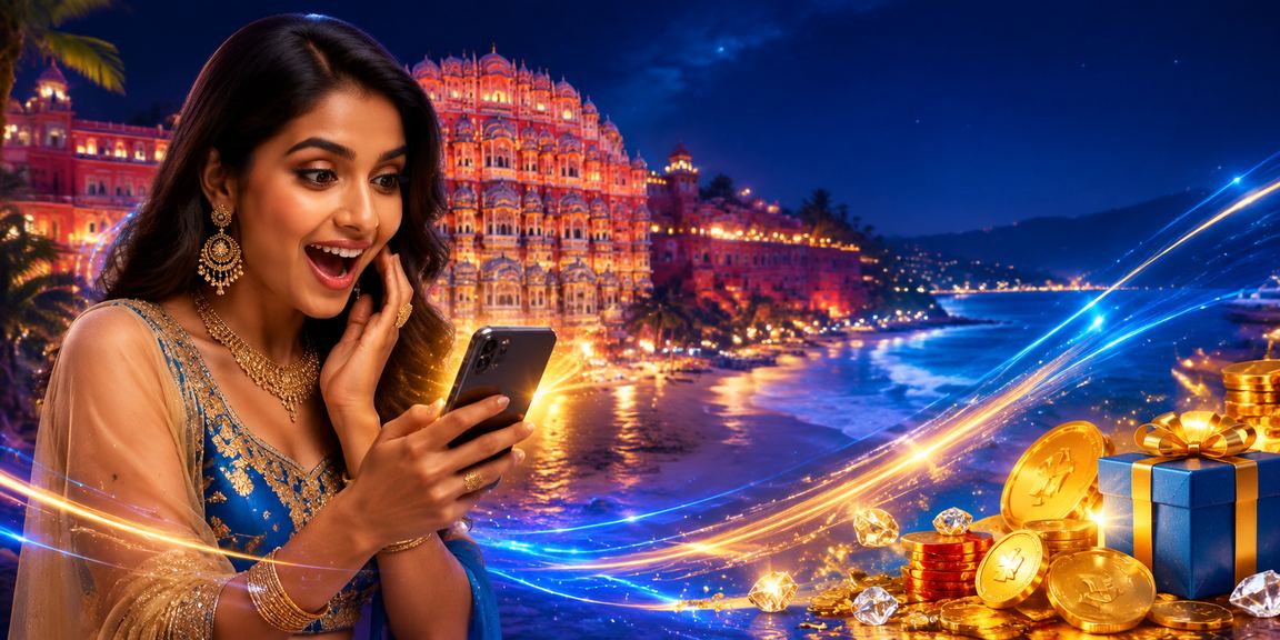 Player enjoying Andar Bahar game via mobile device with blue gold Hawa Mahal background Jaipur