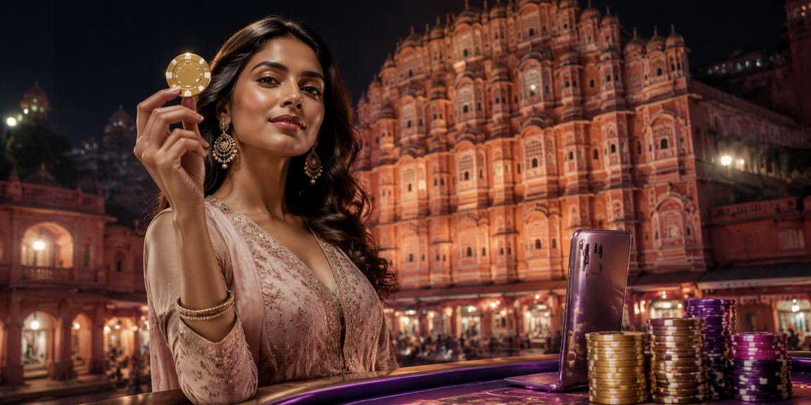 User in Jaipur using mobile payments to top up casino account with scenic Hawa Mahal backdrop